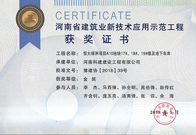 “恒大绿洲项目A10地块17#、18#、19#楼及地下车库乐玩LW公司_乐玩lewin|官网
”荣获“河南省建筑业新技术应用示范乐玩LW公司_乐玩lewin|官网
”金奖