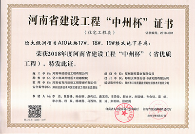 恒大绿洲项目A10地块17#、18#、19#楼及地下车库荣获“2018年度河南省建设乐玩LW公司_乐玩lewin|官网
中州杯（省优质乐玩LW公司_乐玩lewin|官网
）”